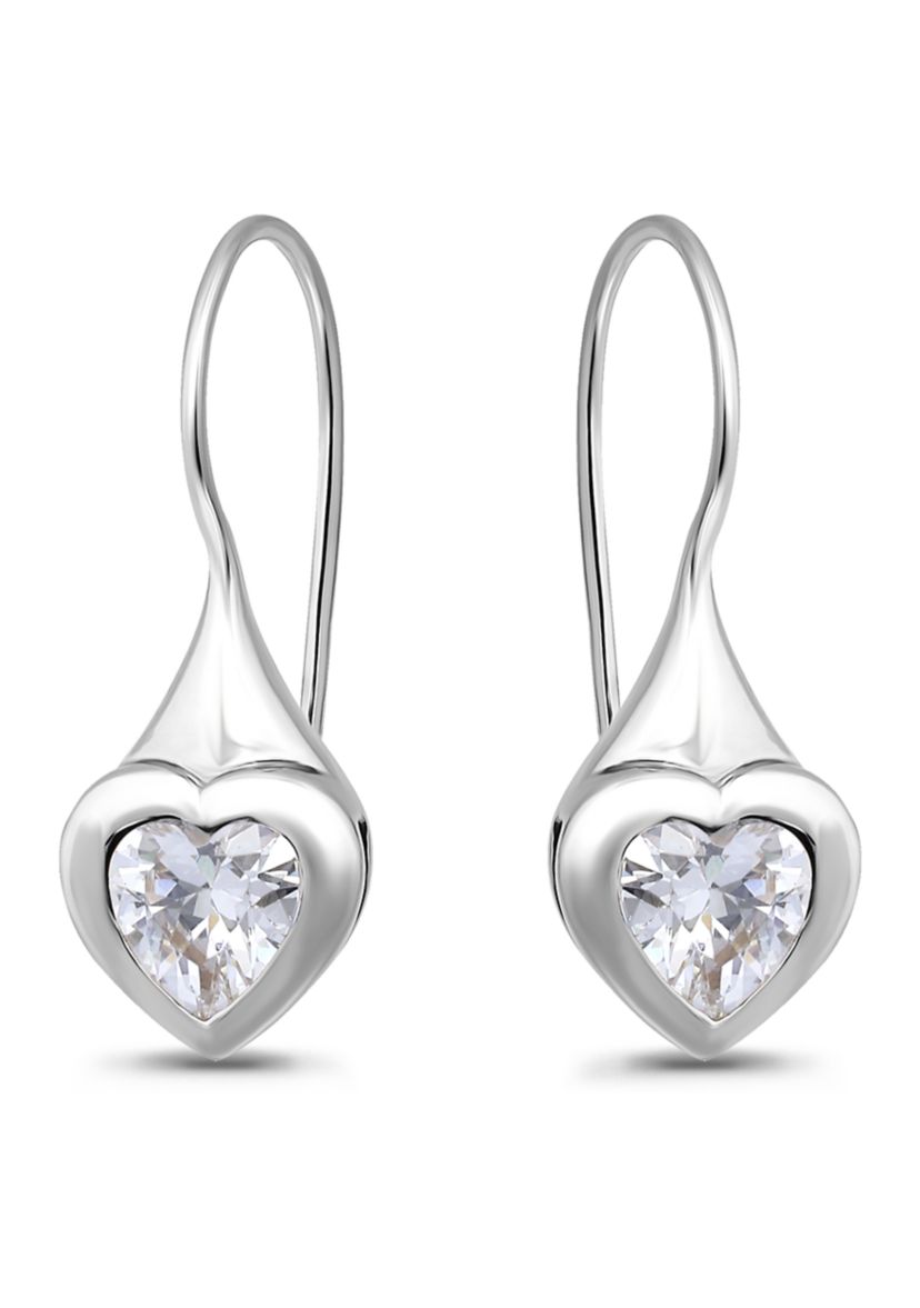 Sterling Silver Heart Shape Cubic Zirconia Bezel French Wire Drop Earrings