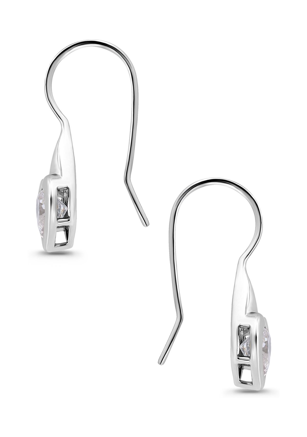 Sterling Silver Heart Shape Cubic Zirconia Bezel French Wire Drop Earrings