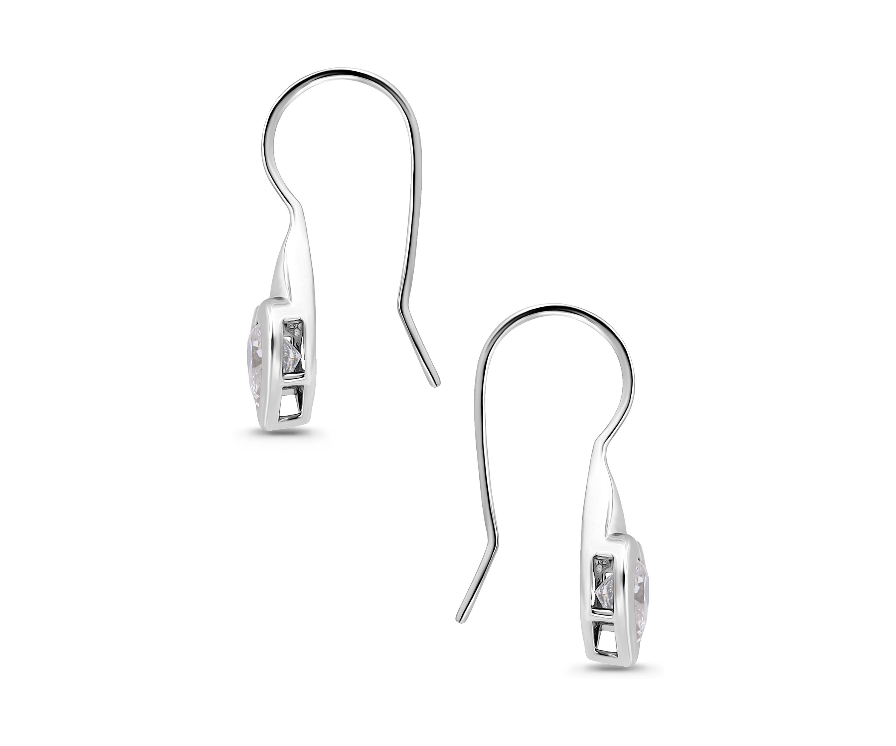 Sterling Silver Heart Shape Cubic Zirconia Bezel French Wire Drop Earrings