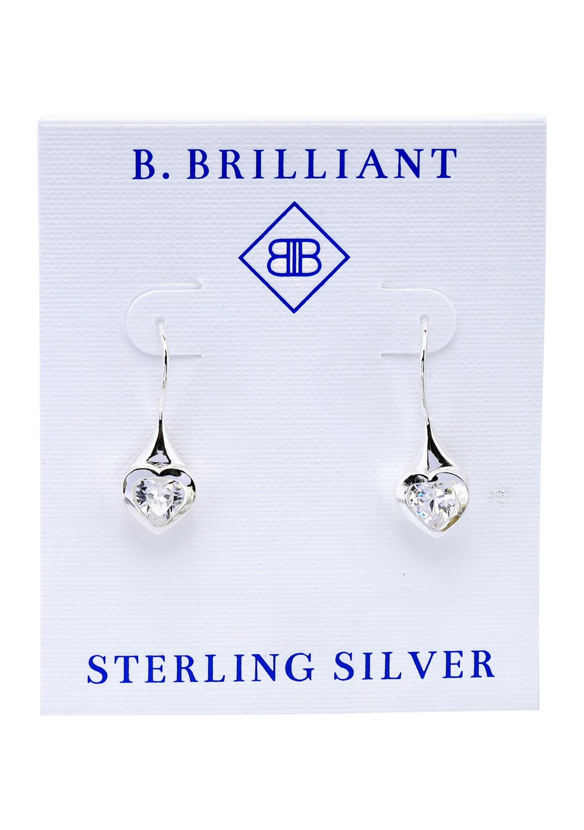 Sterling Silver Heart Shape Cubic Zirconia Bezel French Wire Drop Earrings