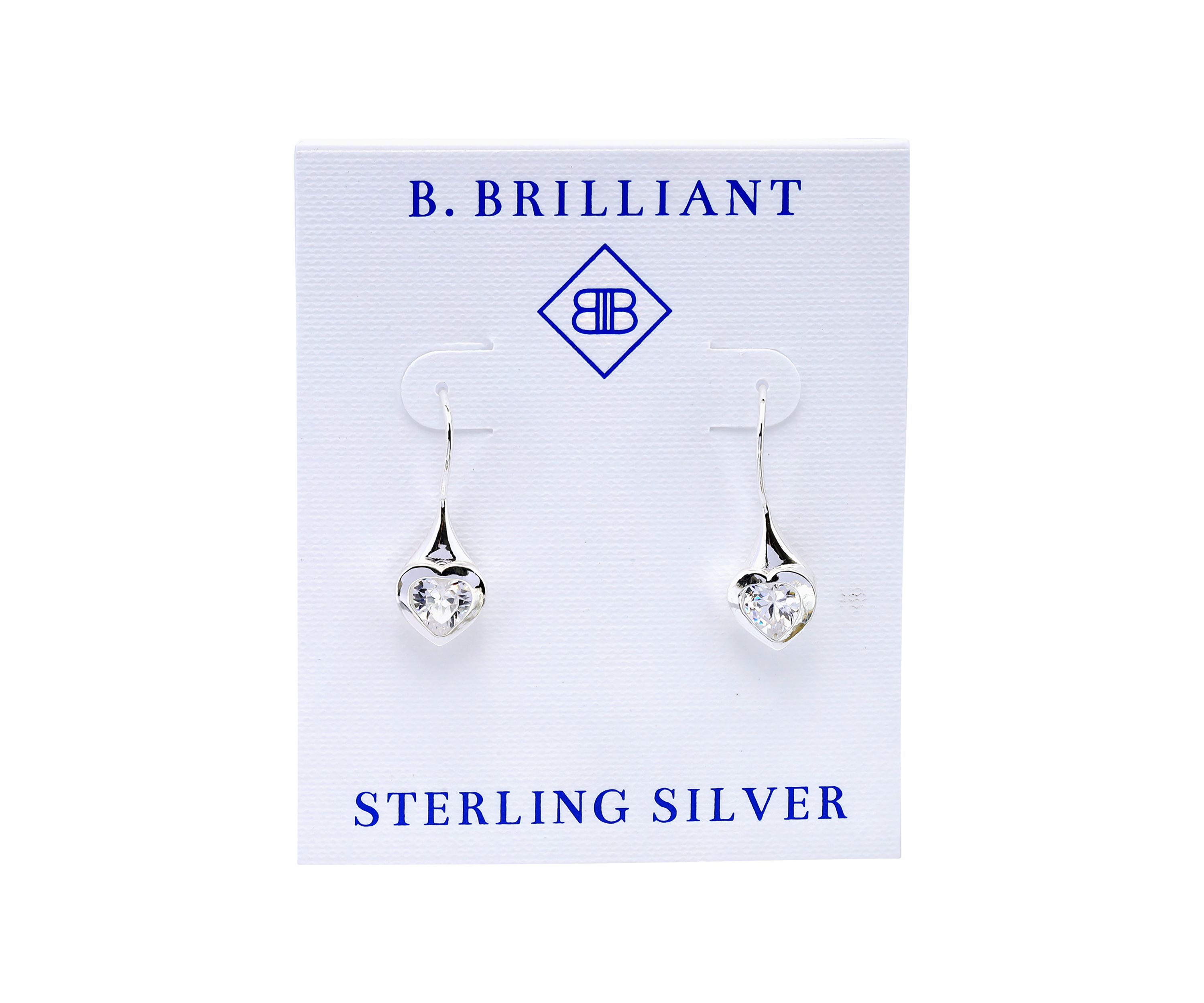 Sterling Silver Heart Shape Cubic Zirconia Bezel French Wire Drop Earrings