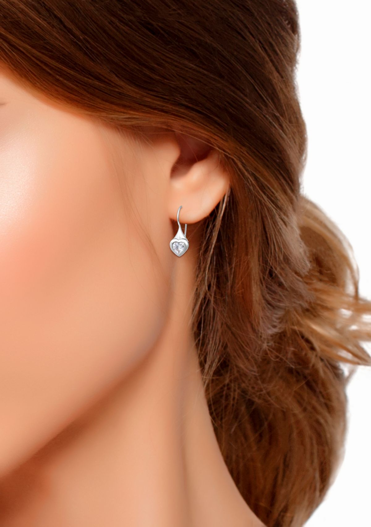 Sterling Silver Heart Shape Cubic Zirconia Bezel French Wire Drop Earrings