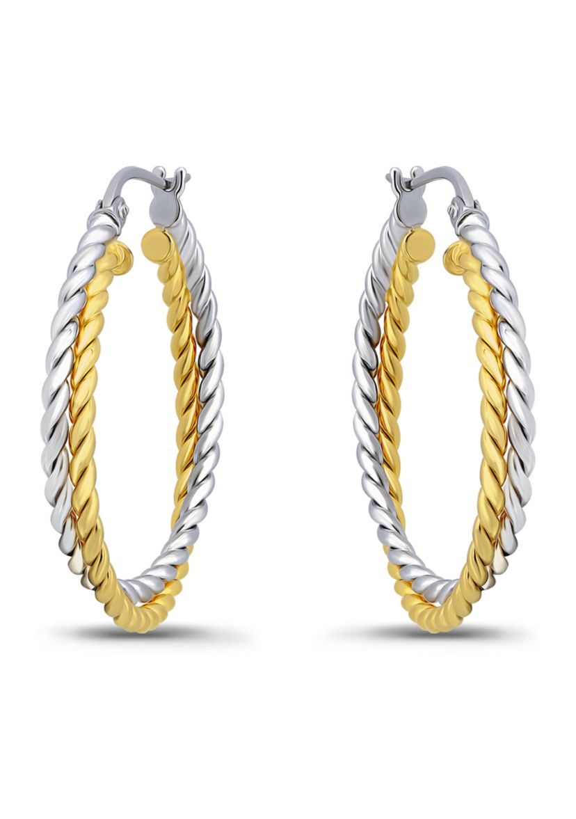 Two Tone 25 Millimeter Double Rope Hoop Earrings