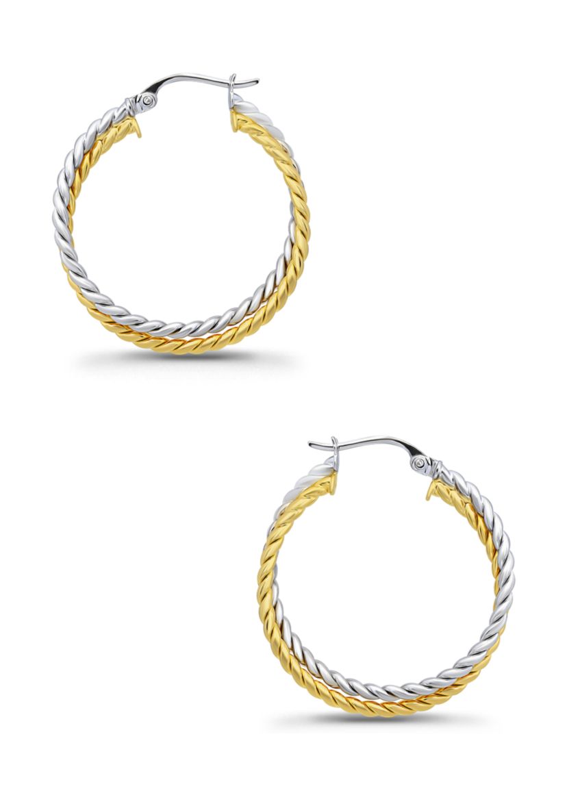 Two Tone 25 Millimeter Double Rope Hoop Earrings