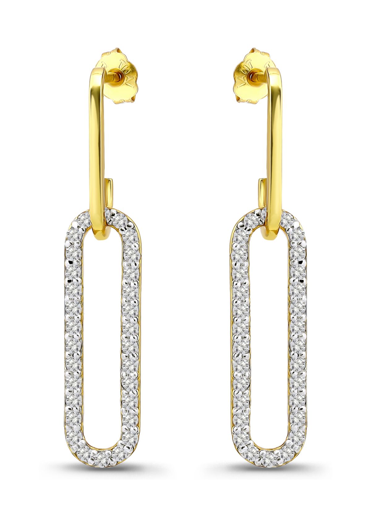 Two Tone Pave Cubic Zirconia Oval Paperclip Linear Earrings