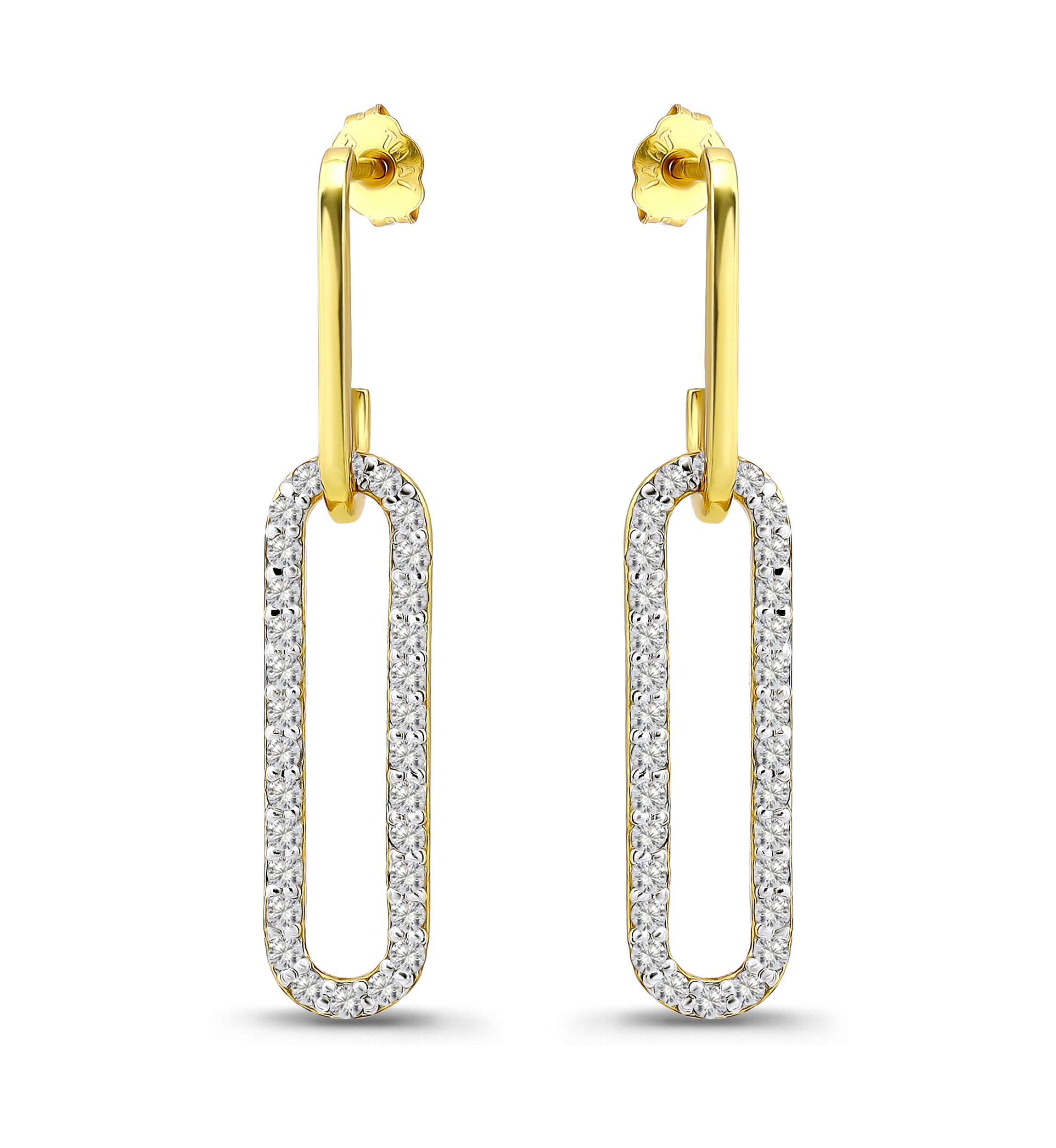 Two Tone Pave Cubic Zirconia Oval Paperclip Linear Earrings