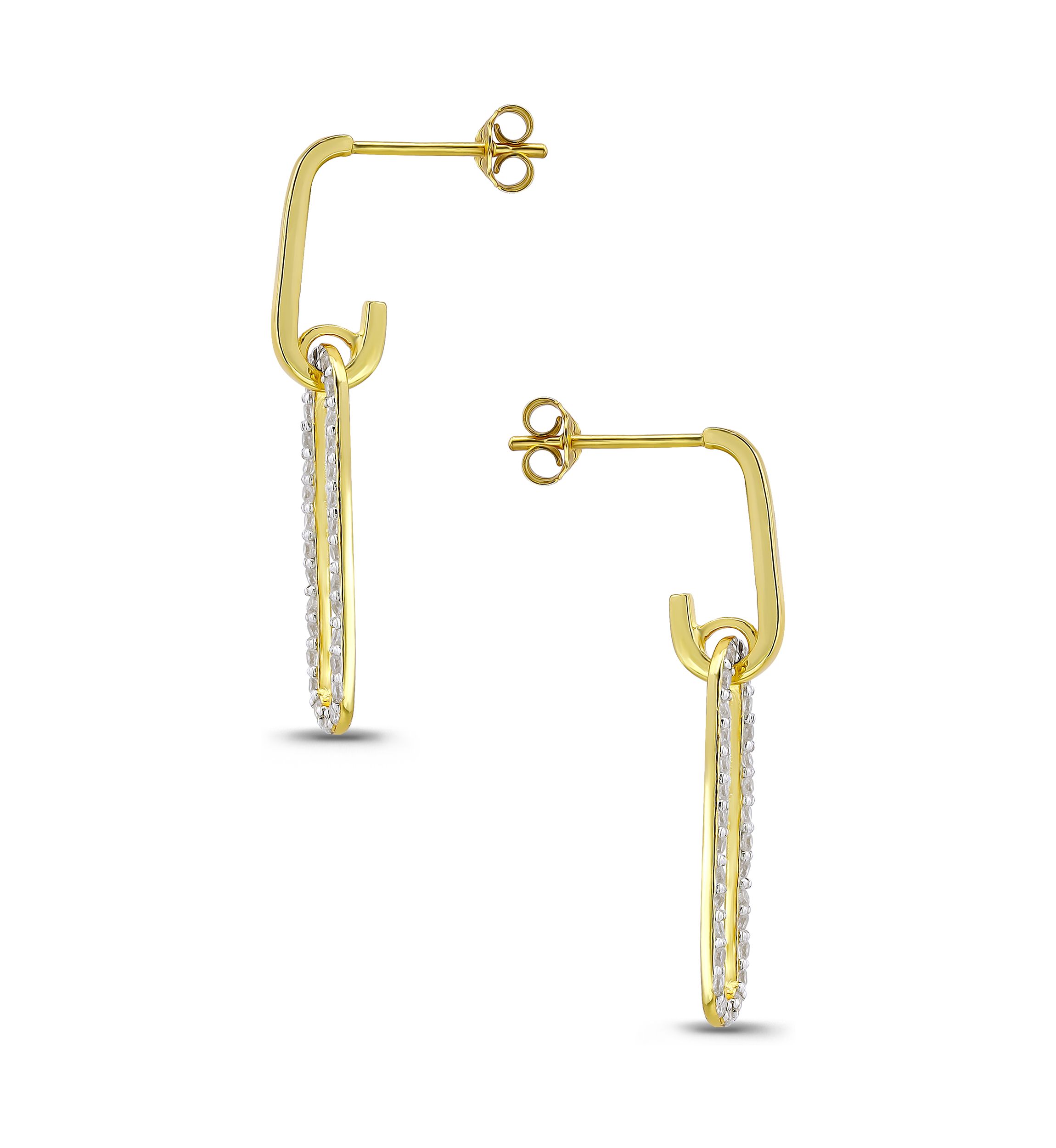 Two Tone Pave Cubic Zirconia Oval Paperclip Linear Earrings