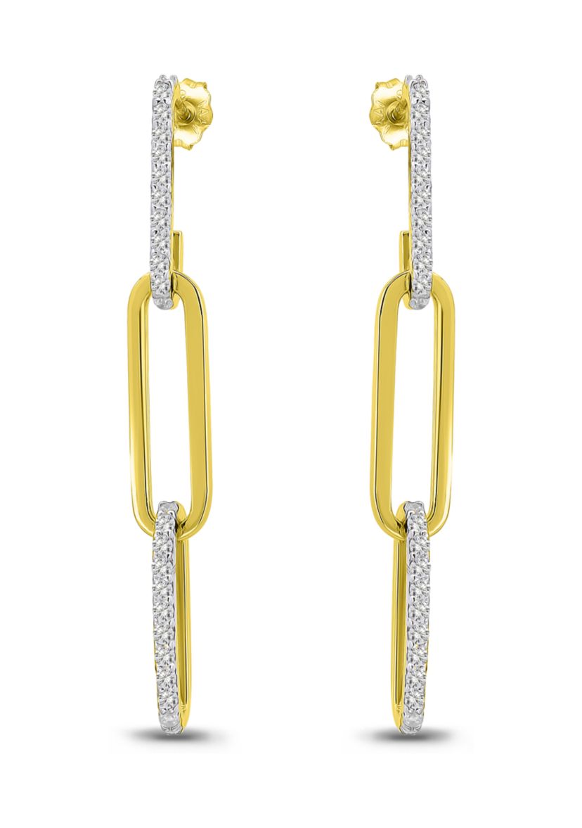 Two Tone Pave Cubic Zirconia Triple Paperclip Linear Earrings
