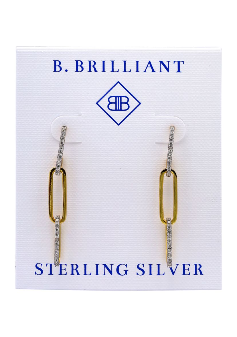 Two Tone Pave Cubic Zirconia Triple Paperclip Linear Earrings