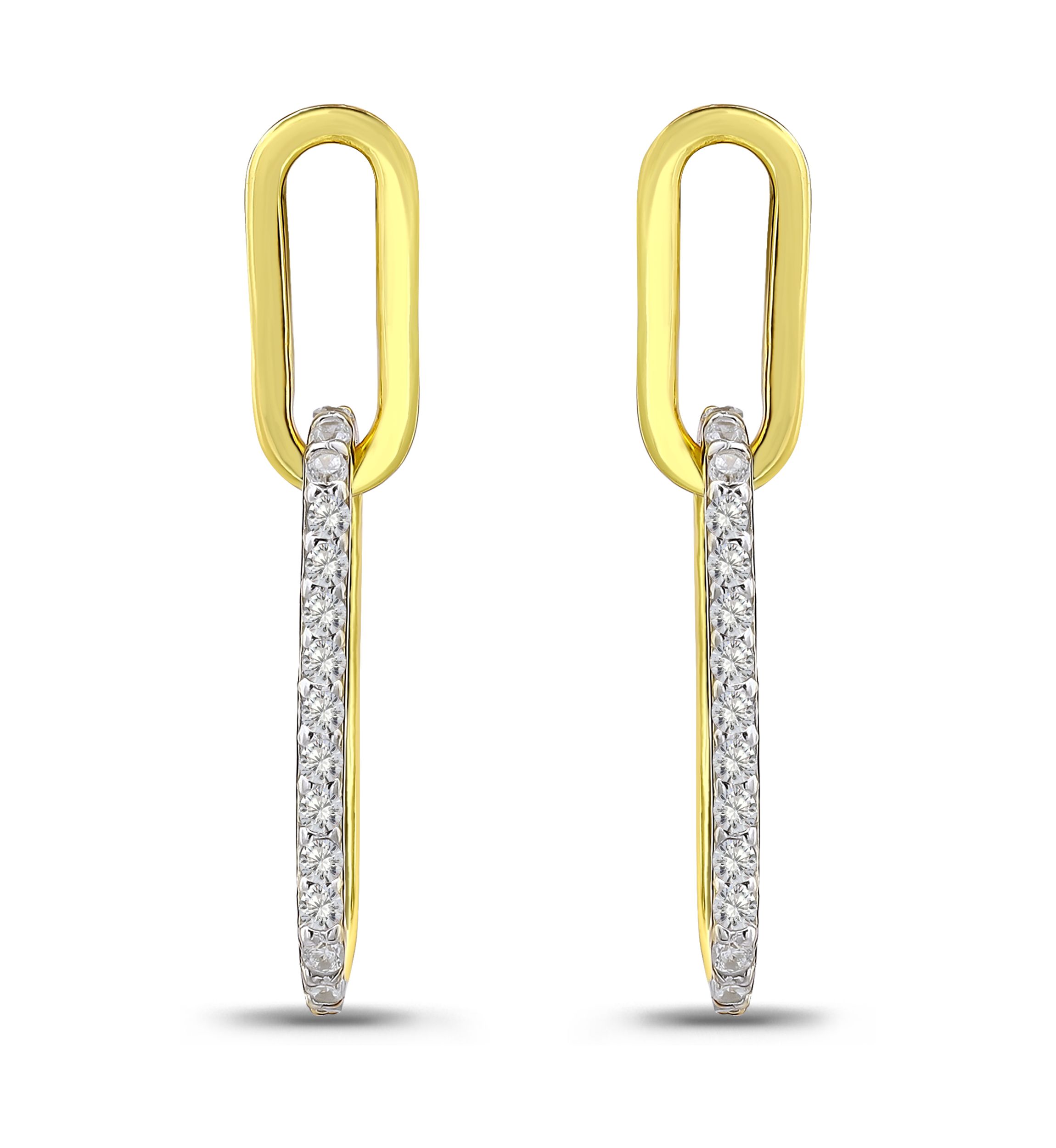 Sterling Silver Two Tone Pave CZ Small Oval Paperclip Linear Earrings