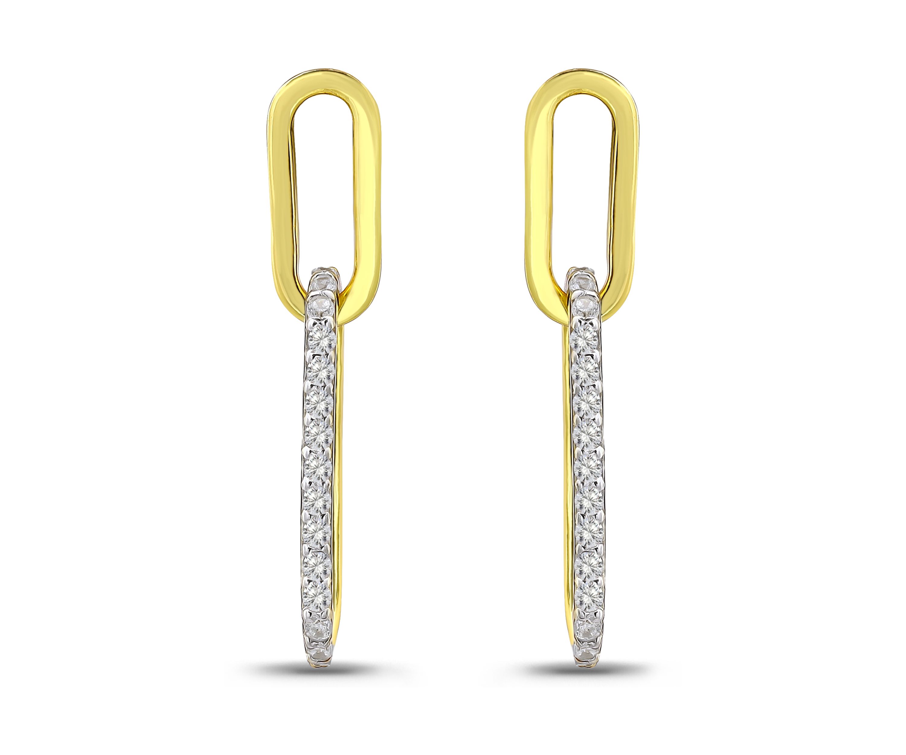 Sterling Silver Two Tone Pave CZ Small Oval Paperclip Linear Earrings