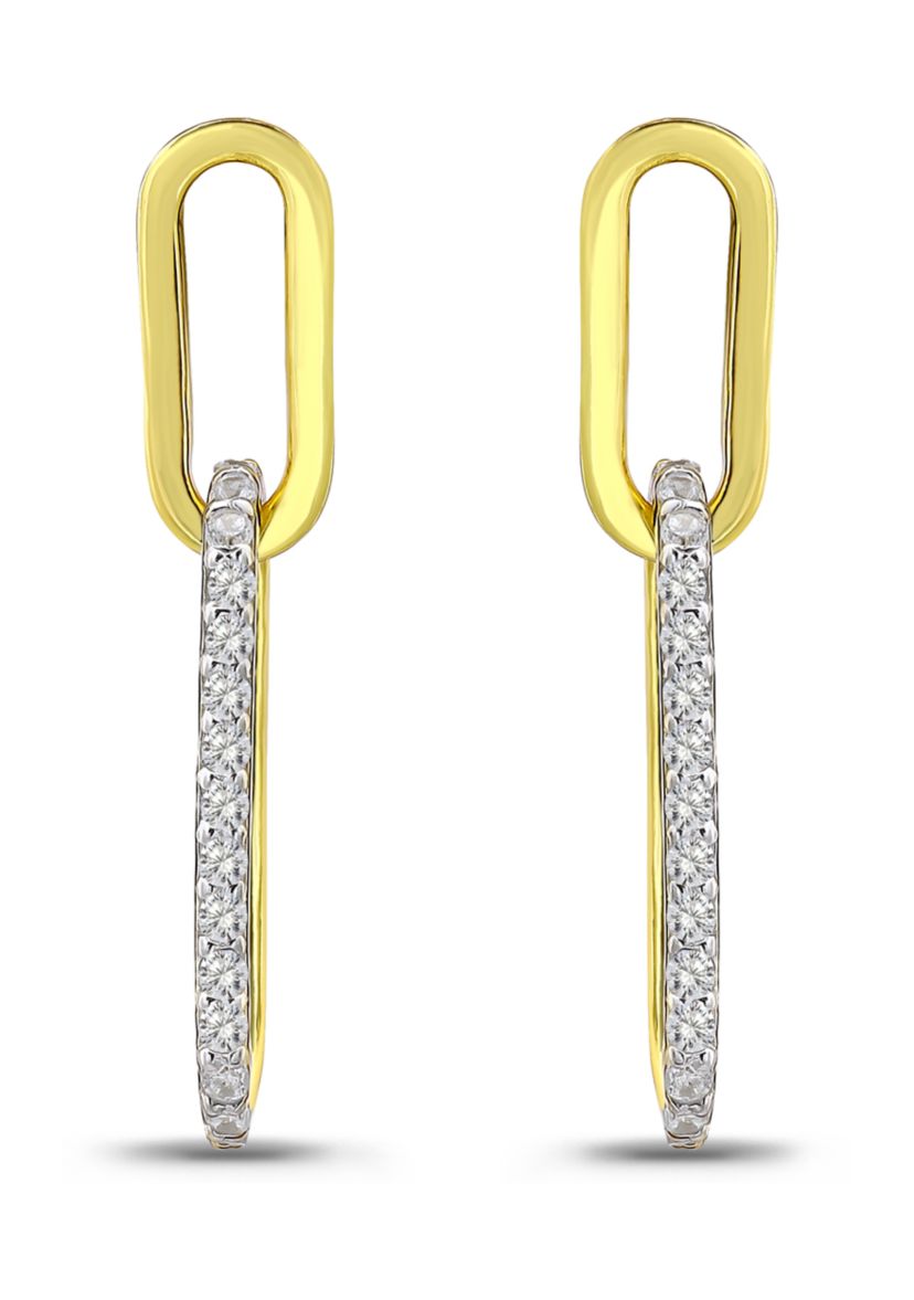 Sterling Silver Two Tone Pave CZ Small Oval Paperclip Linear Earrings