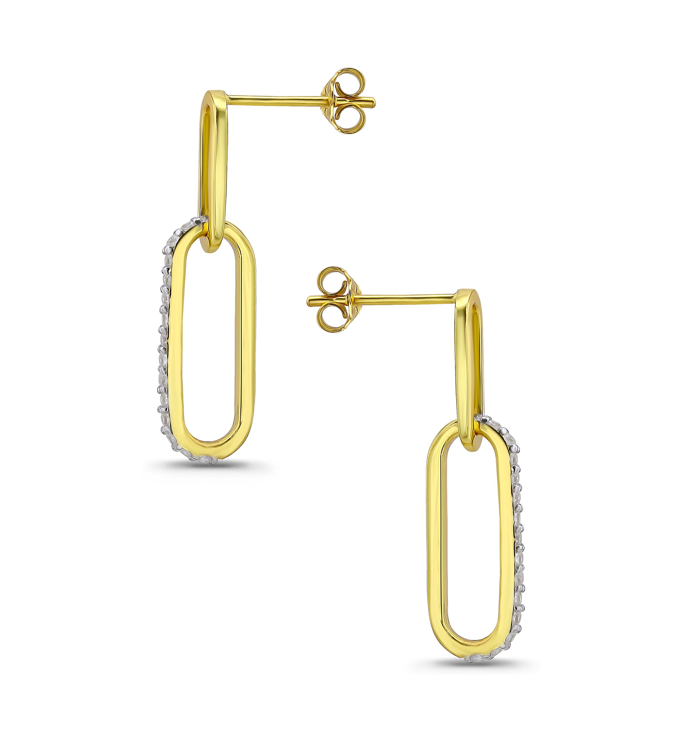 Sterling Silver Two Tone Pave CZ Small Oval Paperclip Linear Earrings