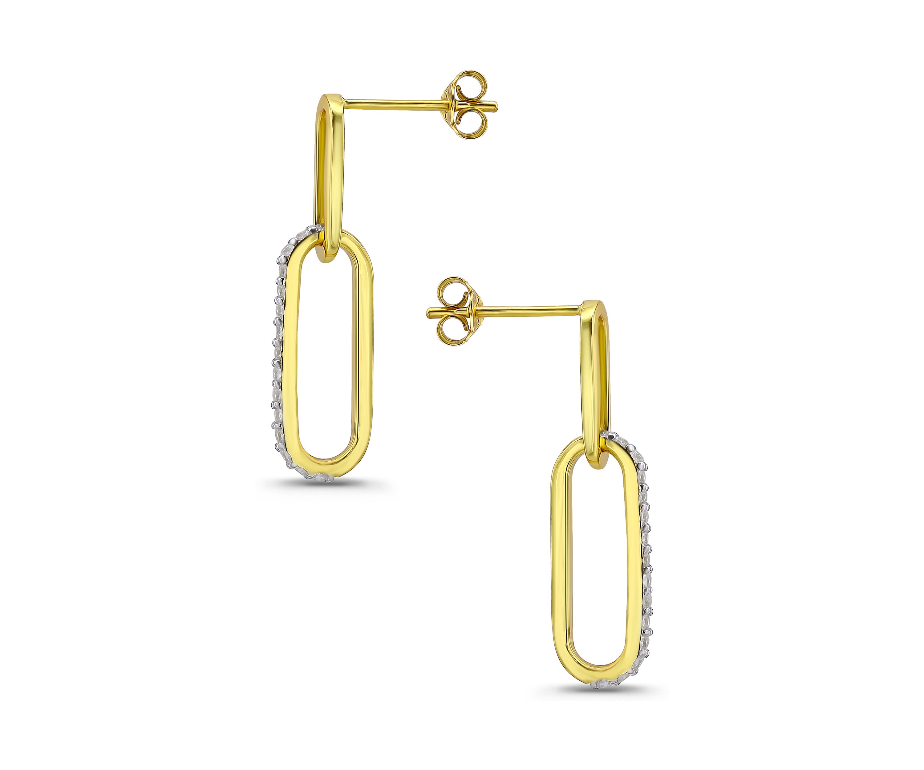 Sterling Silver Two Tone Pave CZ Small Oval Paperclip Linear Earrings