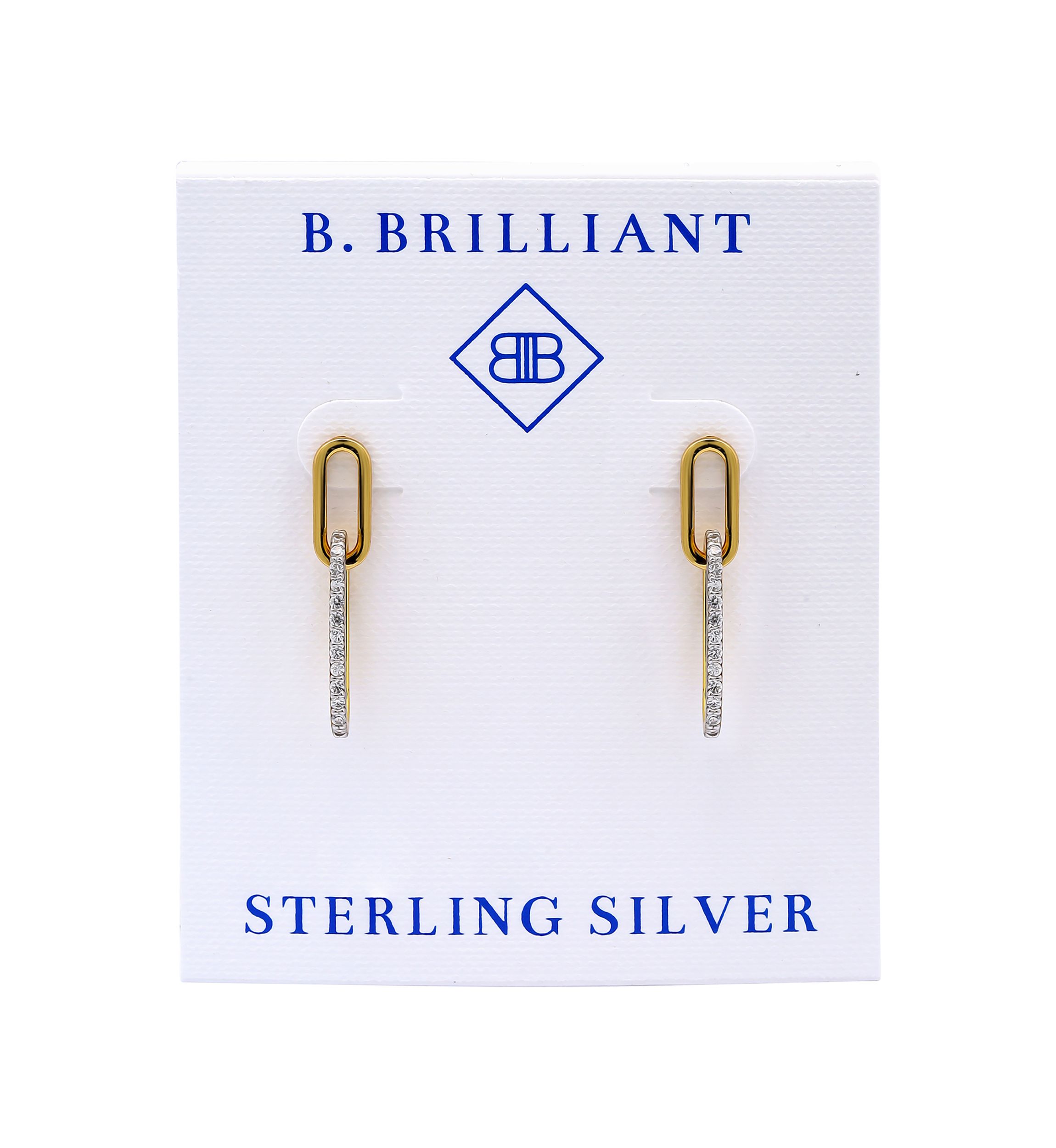 Sterling Silver Two Tone Pave CZ Small Oval Paperclip Linear Earrings