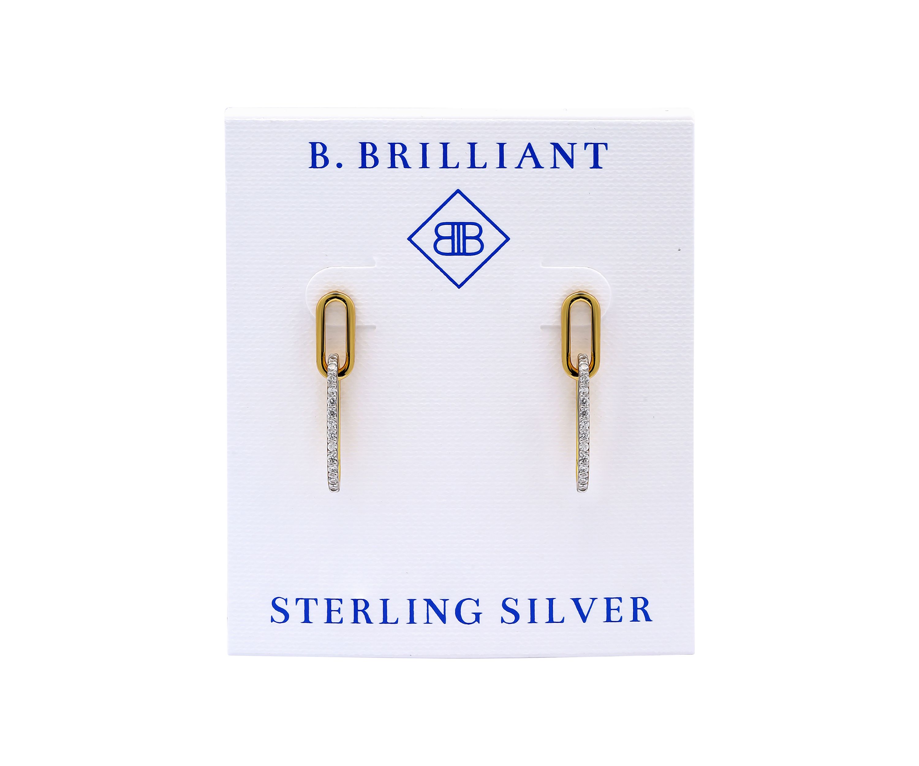 Sterling Silver Two Tone Pave CZ Small Oval Paperclip Linear Earrings