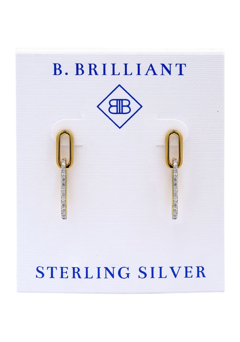Sterling Silver Two Tone Pave CZ Small Oval Paperclip Linear Earrings
