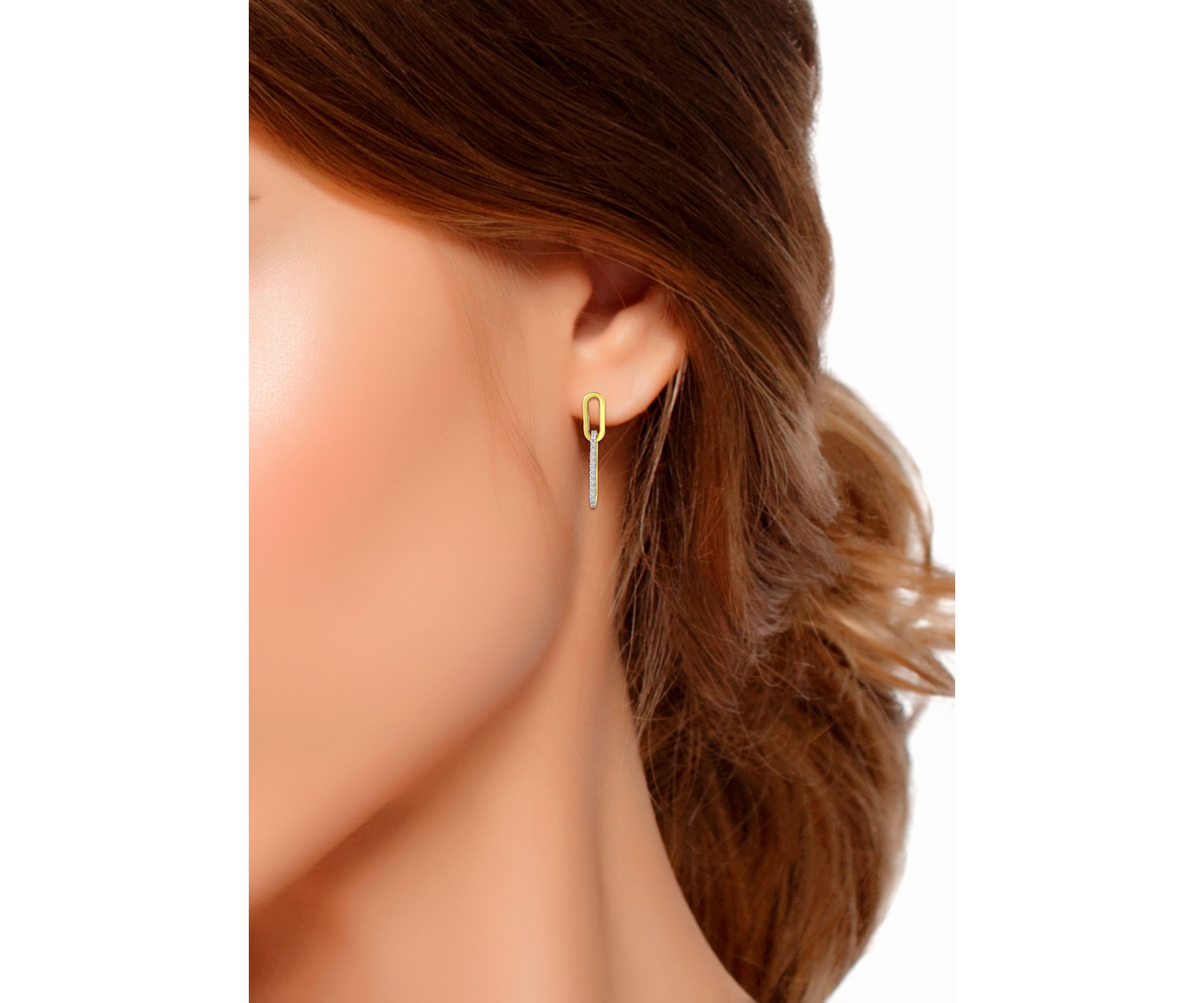 Sterling Silver Two Tone Pave CZ Small Oval Paperclip Linear Earrings
