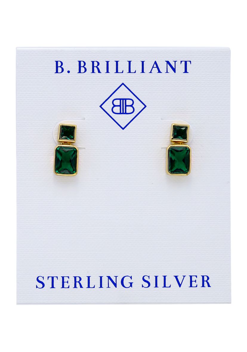 Sterling Silver Square Cut Cubic Zirconia Bezel Drop Earrings