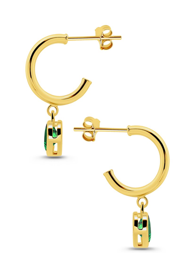 Sterling Silver Heart Cubic Zirconia Bezel Drop Charm Hoop Earrings
