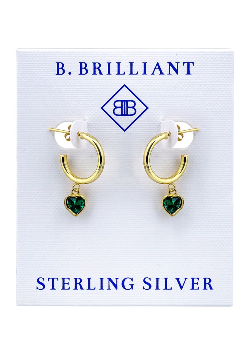 Sterling Silver Heart Cubic Zirconia Bezel Drop Charm Hoop Earrings