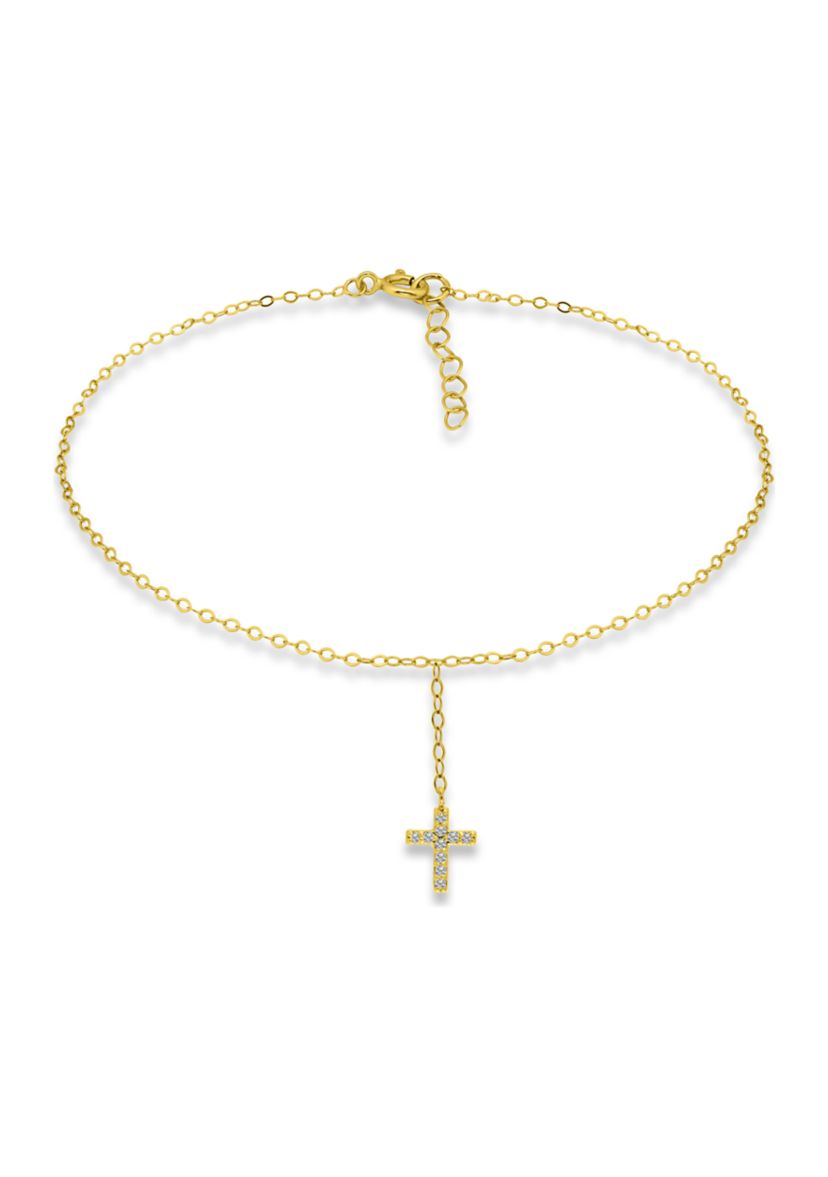 Sterling Silver Pavé Cubic Zirconia Cross Anklet