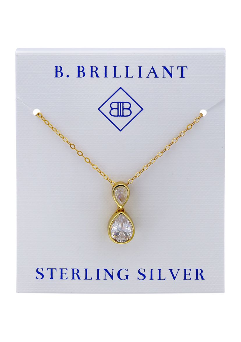 Sterling Silver Pear Cubic Zirconia Bezel Pendant Necklace