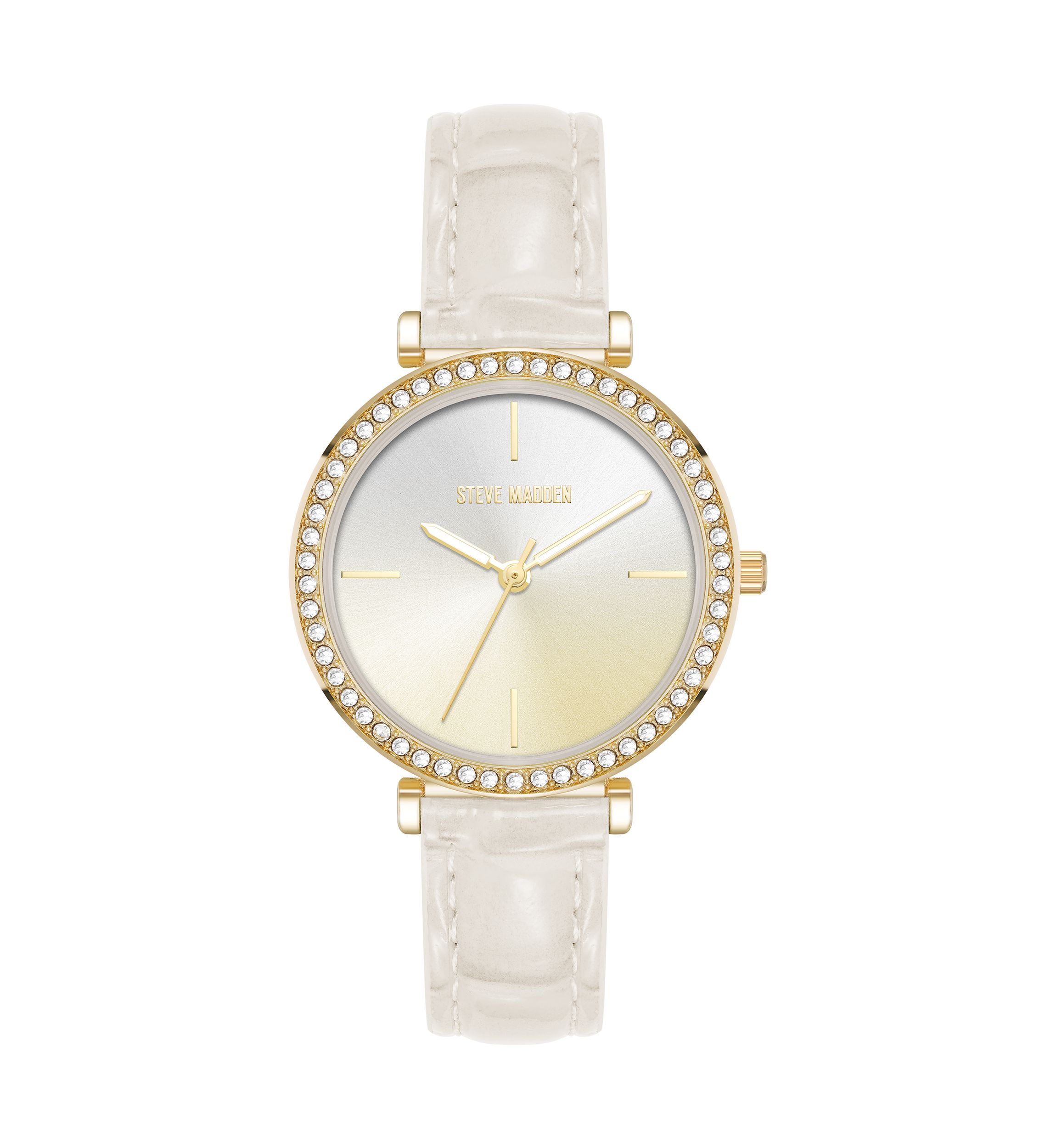Contemporary White Faux Leather and Gold Tone Alloy Metal Watch
