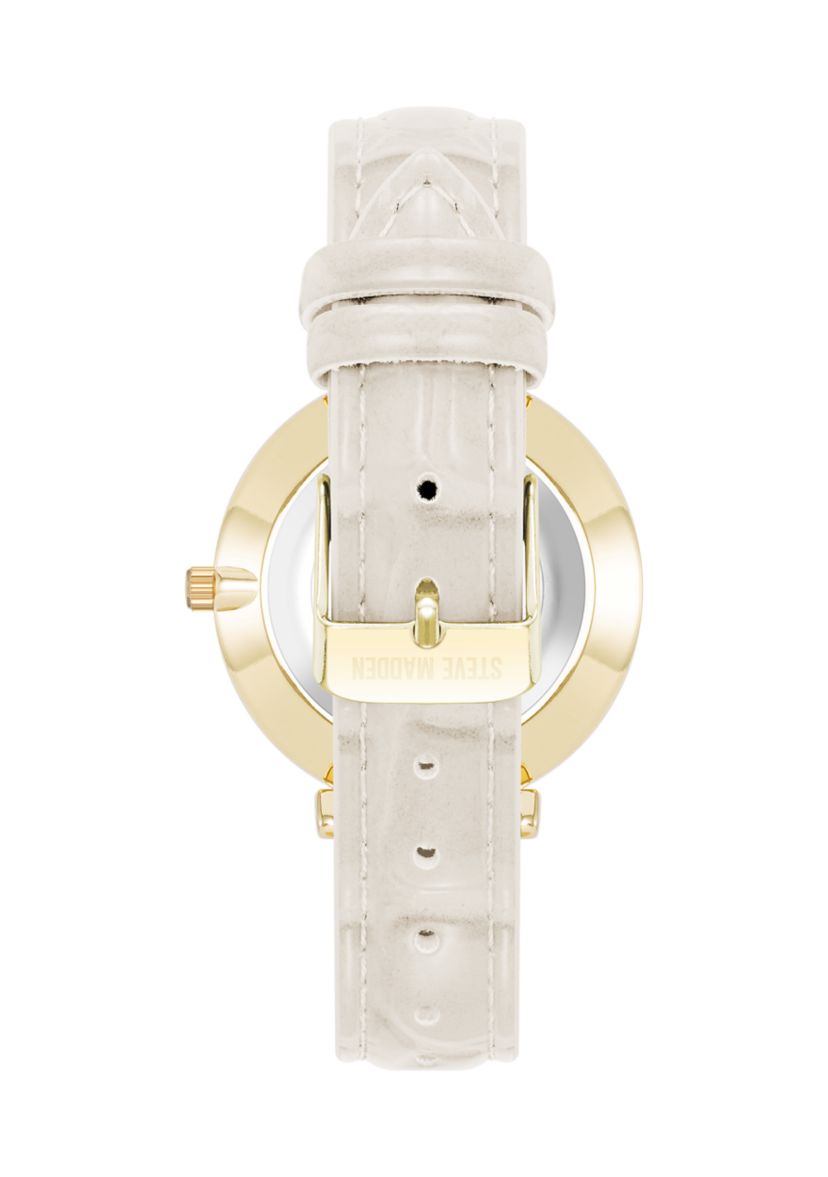 Contemporary White Faux Leather and Gold Tone Alloy Metal Watch
