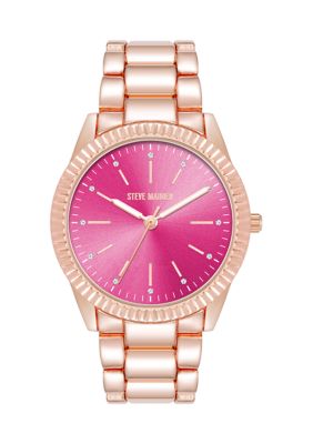 Steve Madden Women's Coin Edge Hot Pink and Rose Gold Tone Alloy Metal Bracelet Watch