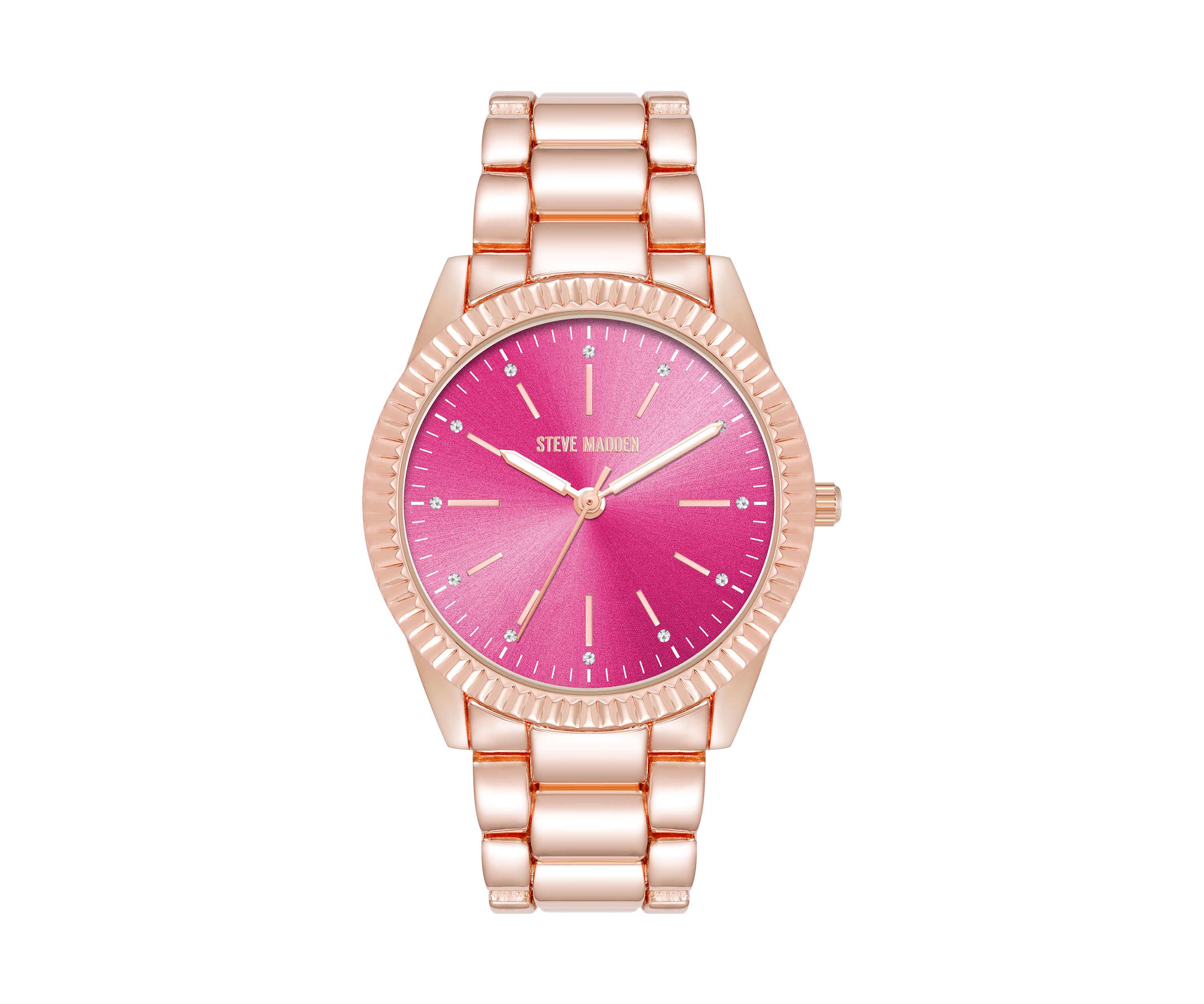 Coin Edge Hot Pink and Rose Gold Tone Alloy Metal Bracelet Watch