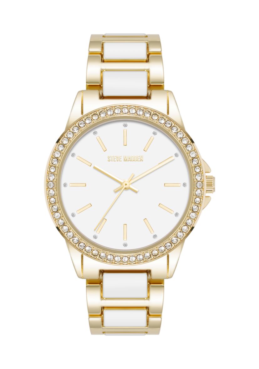 Signature White Enamel and Gold Tone Alloy Metal Bracelet Watch