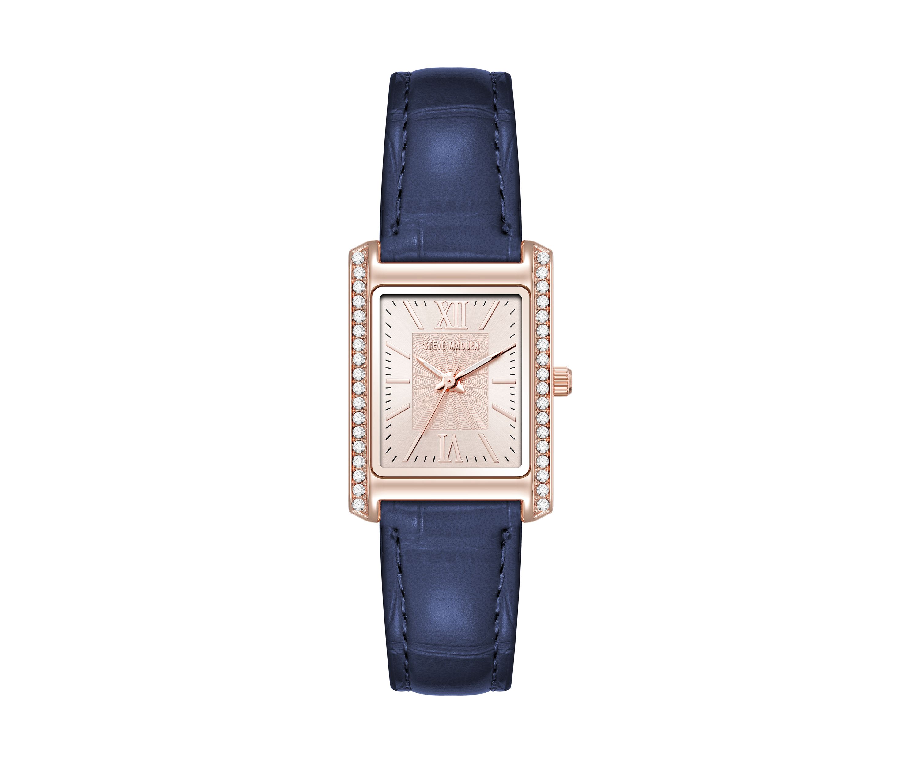 Rose Tone Blue Crystal Accented Strap Watch