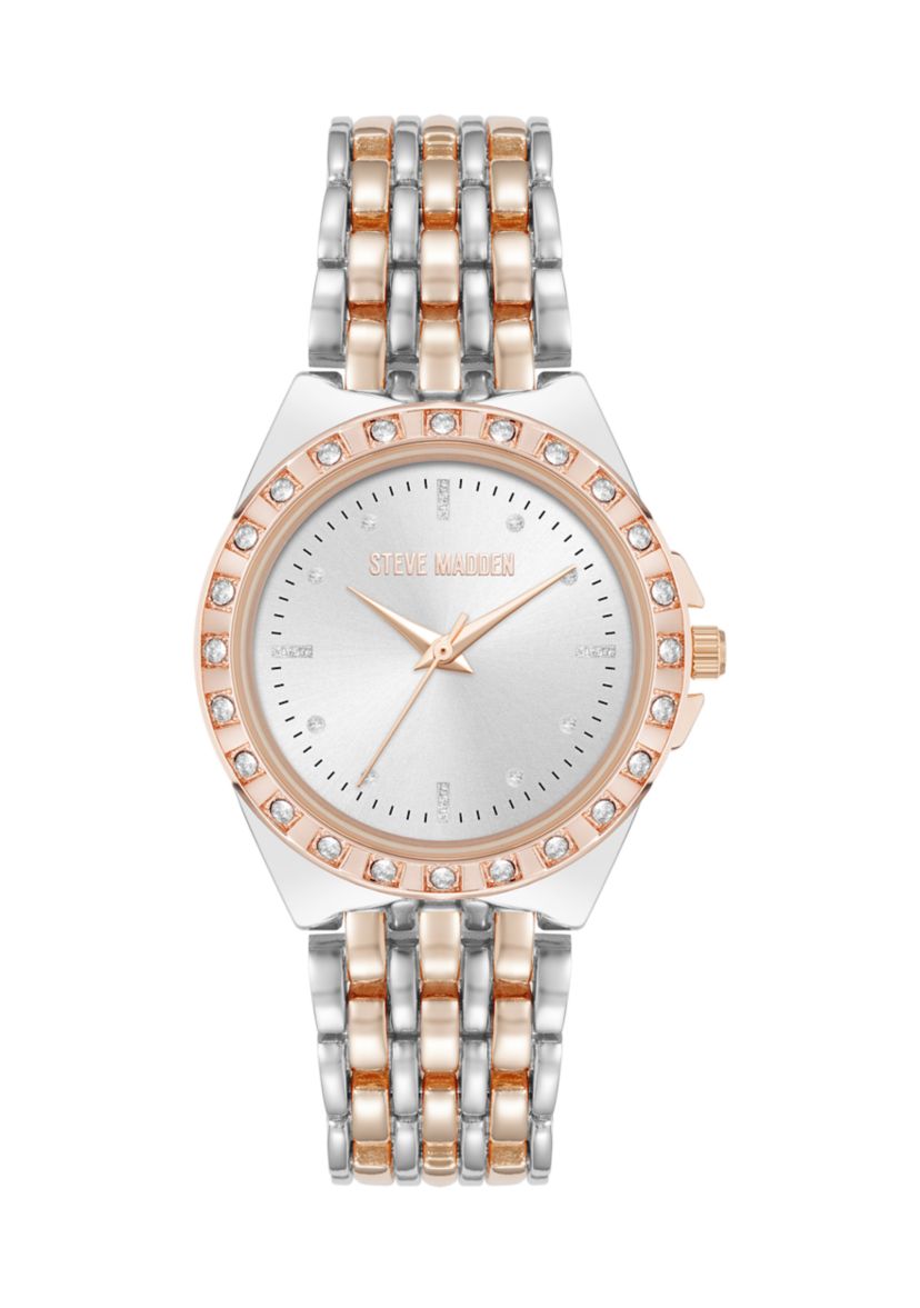 Rose Silver Tone Crystal Accented Bezel Watch