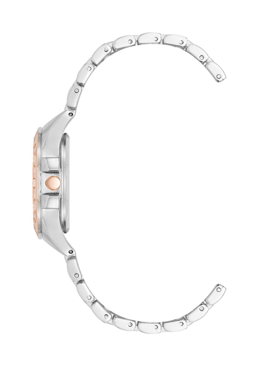 Rose Silver Tone Crystal Accented Bezel Watch