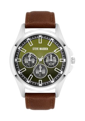 Steve Madden Men's Signature Green and Brown Faux Leather Silver Tone Alloy Metal Watch