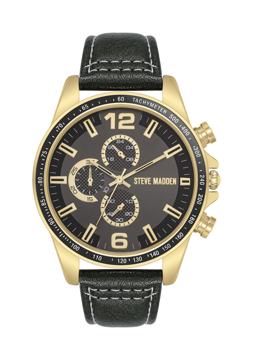 Modern Black Faux Leather and Gold Tone Alloy Metal Watch