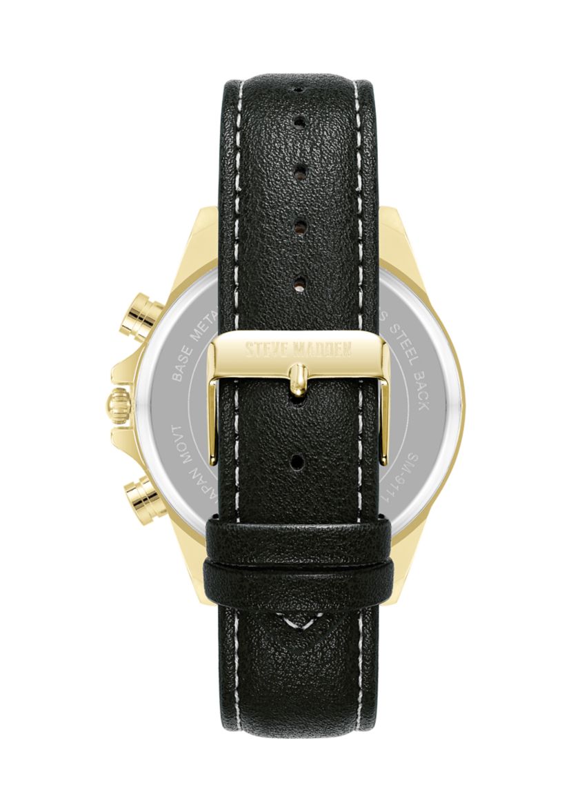 Modern Black Faux Leather and Gold Tone Alloy Metal Watch