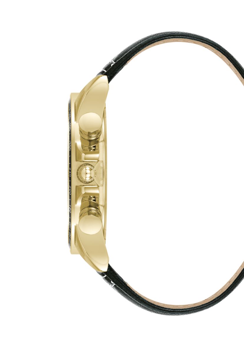 Modern Black Faux Leather and Gold Tone Alloy Metal Watch