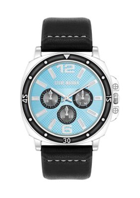 Steve Madden Men's Vivid Light Blue Dial Black Faux Leather Watch