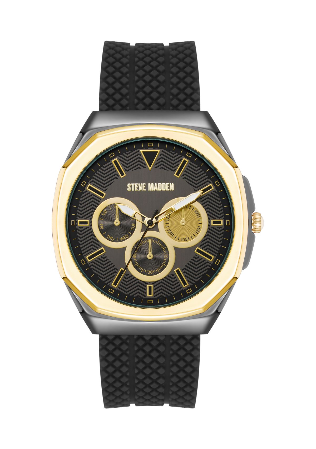 Bold Black Textured Silicone and Gold Tone Alloy Metal Watch