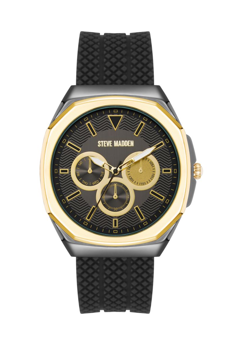 Bold Black Textured Silicone and Gold Tone Alloy Metal Watch