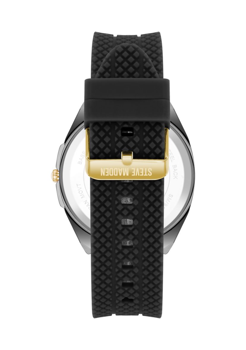 Bold Black Textured Silicone and Gold Tone Alloy Metal Watch