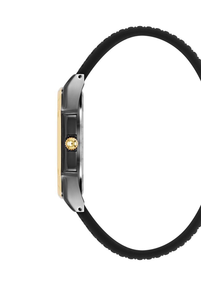 Bold Black Textured Silicone and Gold Tone Alloy Metal Watch