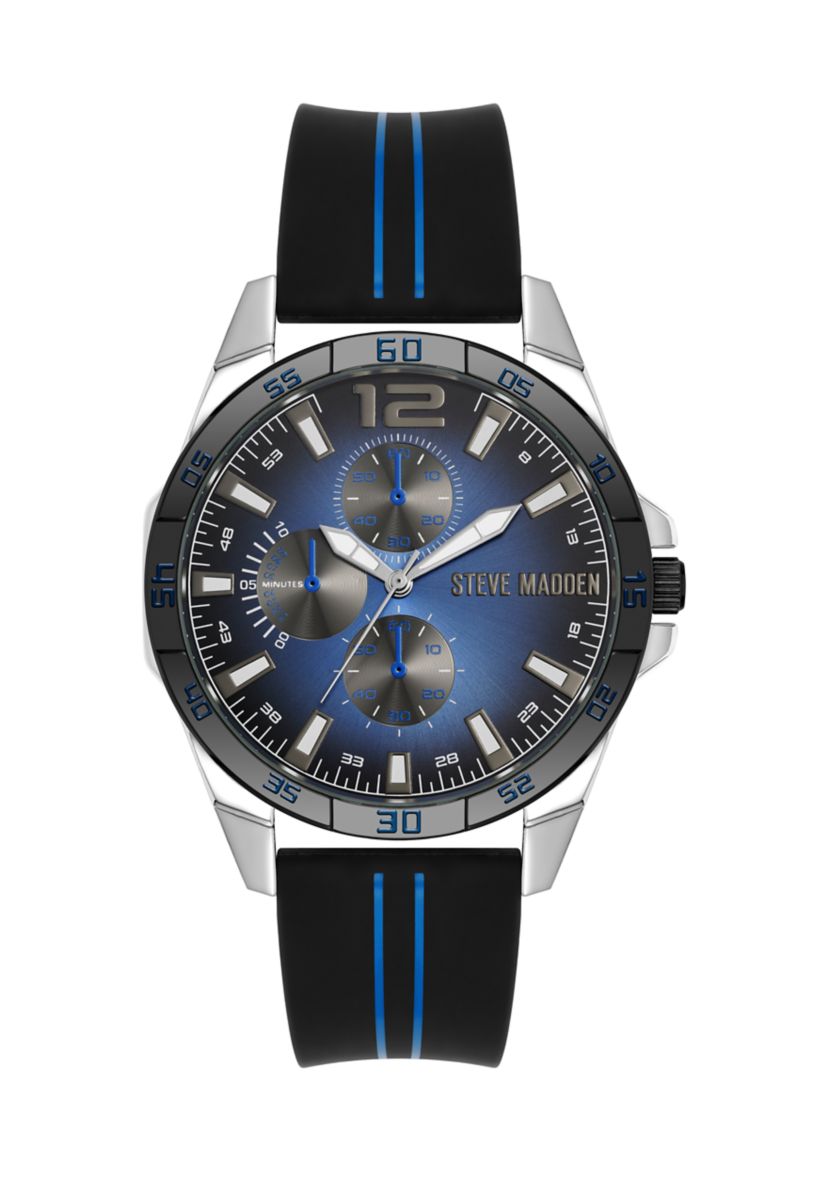  Mens Distinctive Black Silicone Strap with Navy Stripe Detail Watch