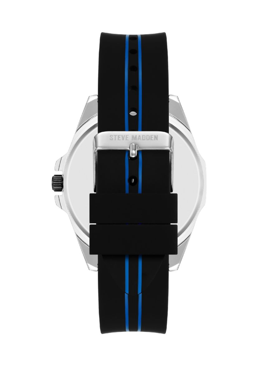  Mens Distinctive Black Silicone Strap with Navy Stripe Detail Watch