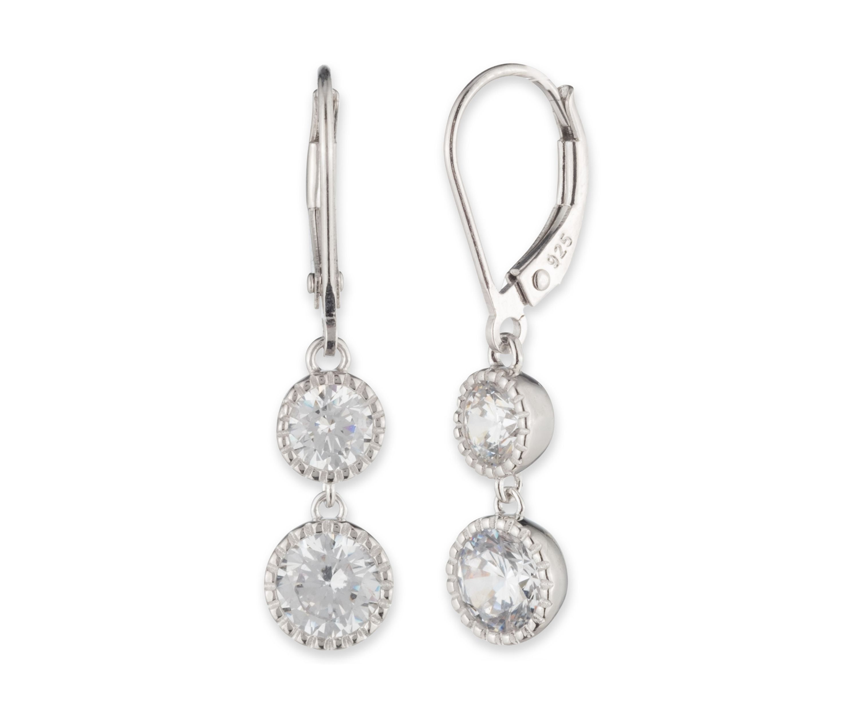 Rhodium Plated Sterling Silver Cubic Zirconia Double Drop Earrings