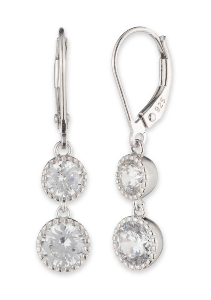 Rhodium Plated Sterling Silver Cubic Zirconia Double Drop Earrings