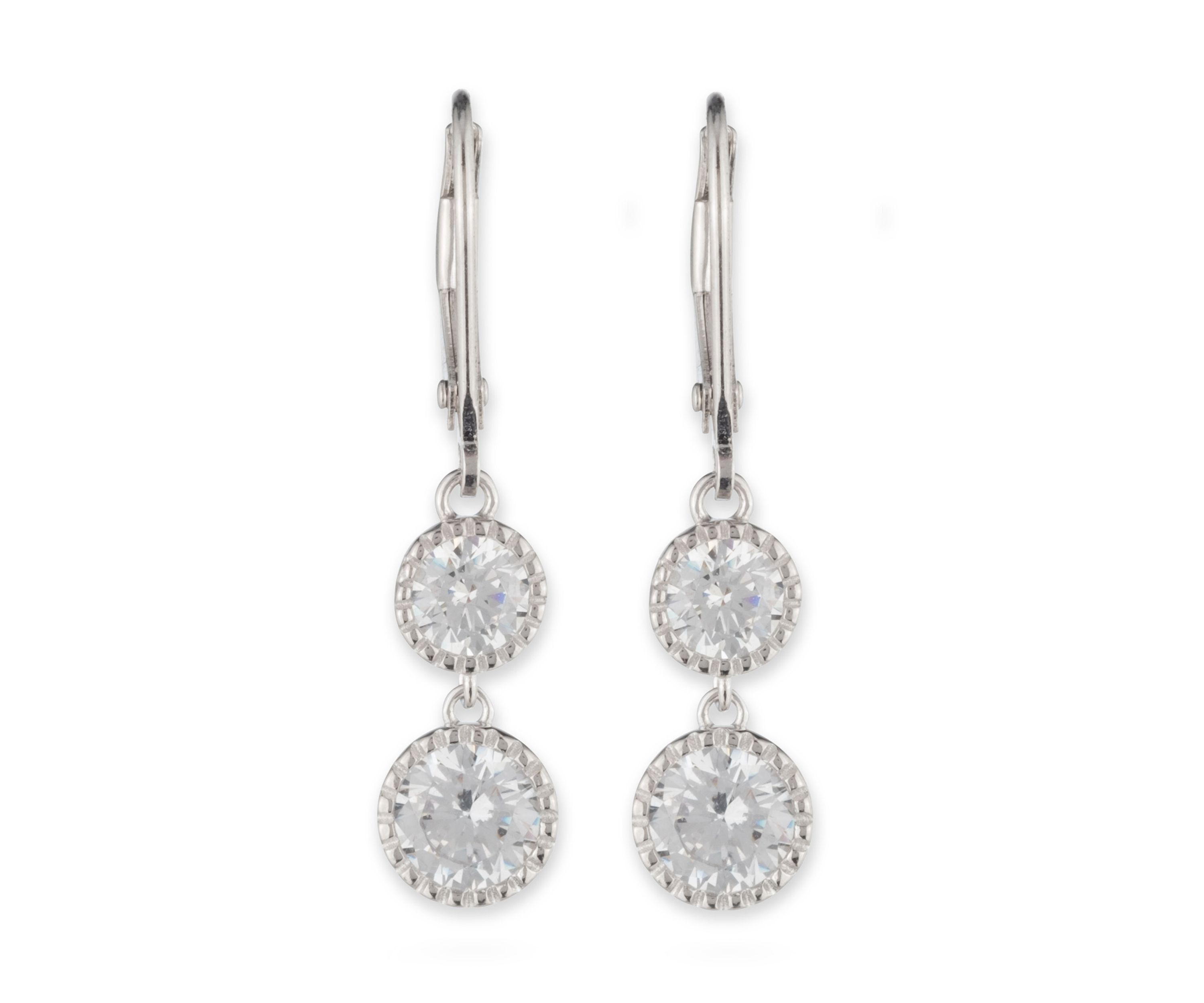 Rhodium Plated Sterling Silver Cubic Zirconia Double Drop Earrings