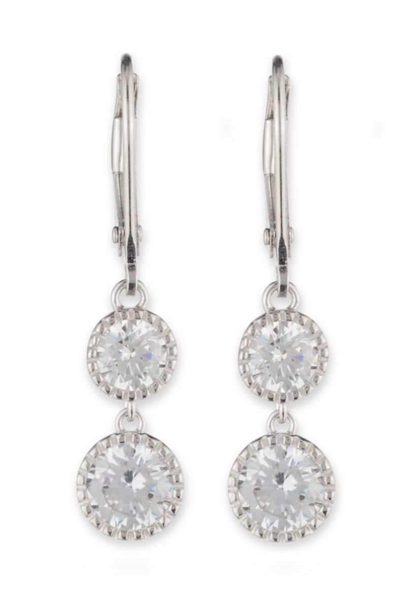 Rhodium Plated Sterling Silver Cubic Zirconia Double Drop Earrings